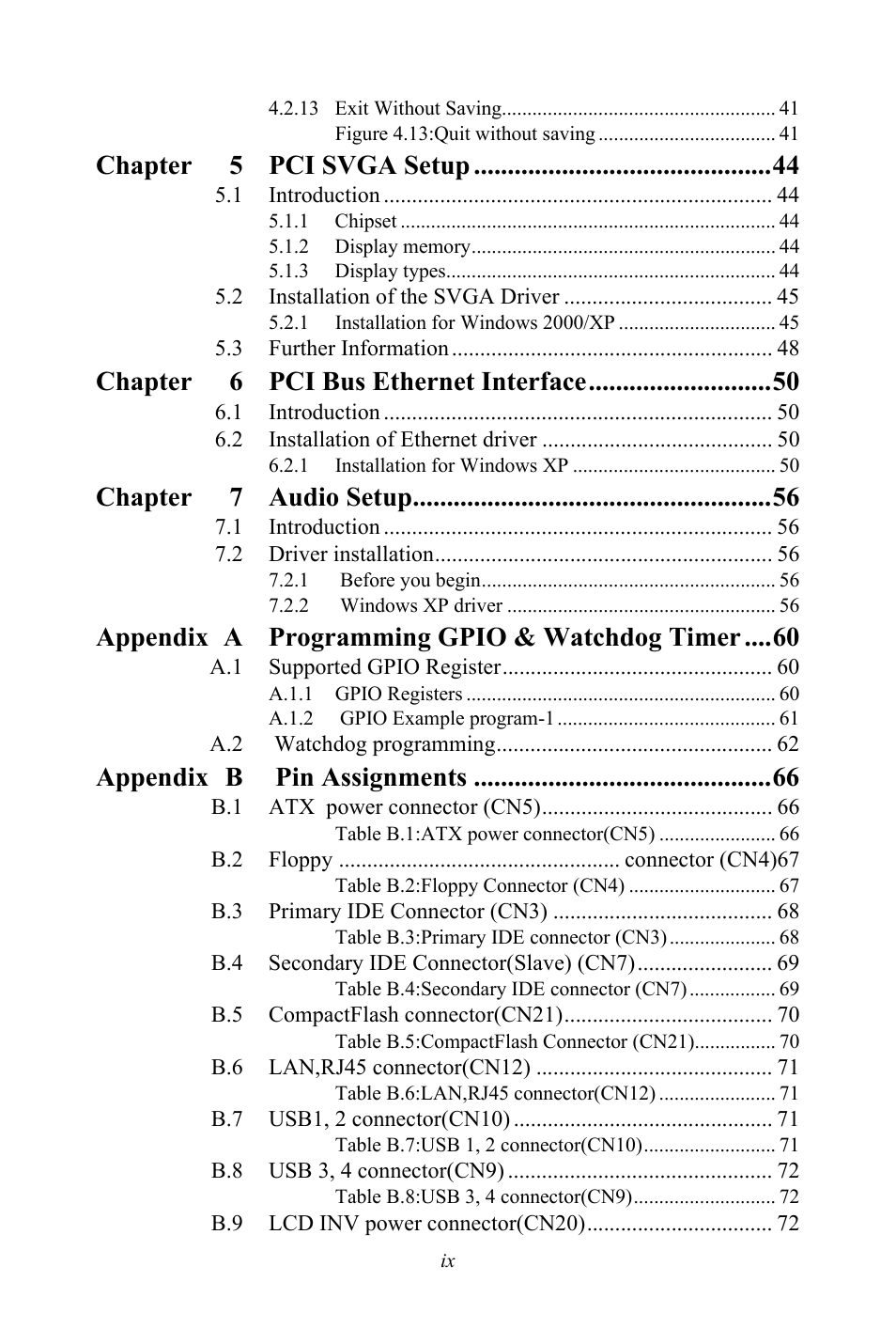 Chapter 5 pci svga setup, Chapter 6 pci bus ethernet interface, Chapter 7 audio setup | Appendix a programming gpio & watchdog timer, Appendix b pin assignments | Intel CELERON PCI-6886 User Manual | Page 9 / 102