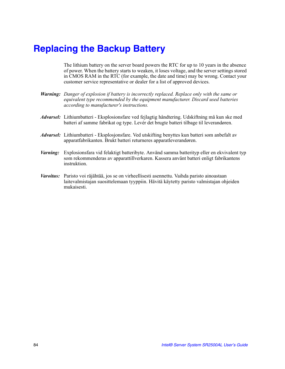 Replacing the backup battery | Intel SERVER SYSTEM SR2500AL User Manual | Page 106 / 210