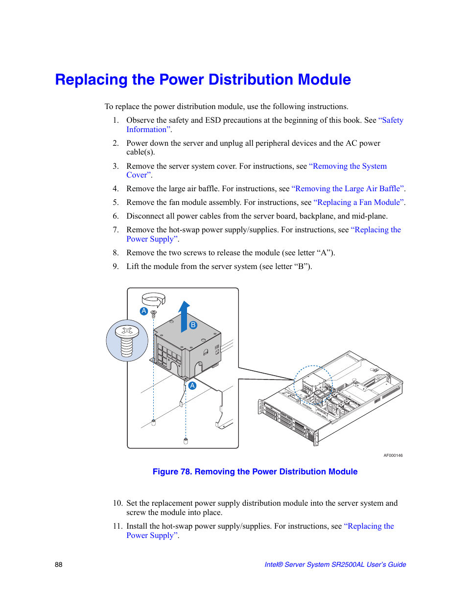 Replacing the power distribution module, Figure 78. removing the power distribution module | Intel SERVER SYSTEM SR2500AL User Manual | Page 110 / 210