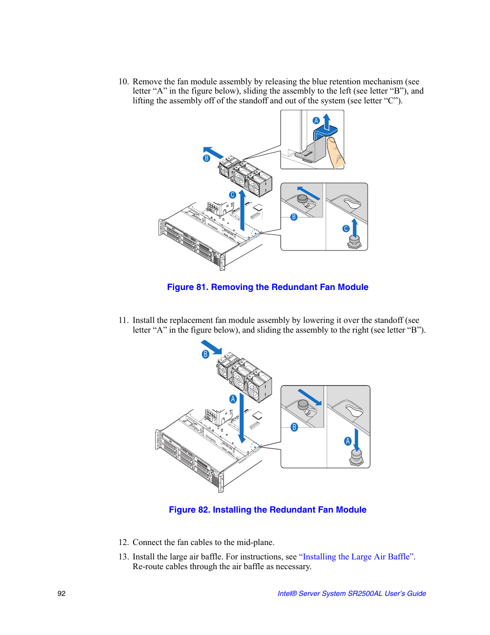 Figure 81. removing the redundant fan module, Figure 82. installing the redundant fan module, Connect the fan cables to the mid-plane | Intel SERVER SYSTEM SR2500AL User Manual | Page 114 / 210