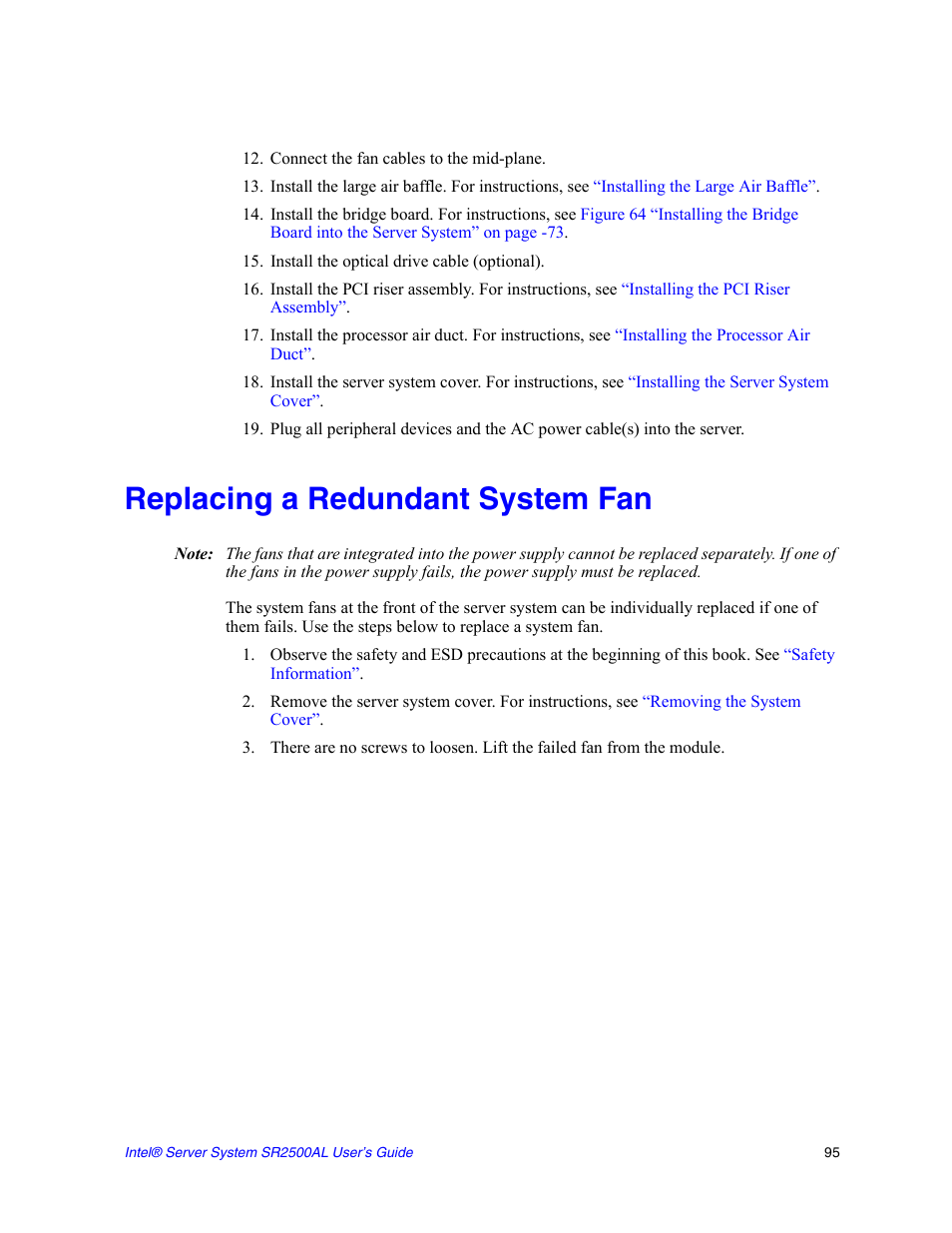 Connect the fan cables to the mid-plane, Install the optical drive cable (optional), Replacing a redundant system fan | Intel SERVER SYSTEM SR2500AL User Manual | Page 117 / 210