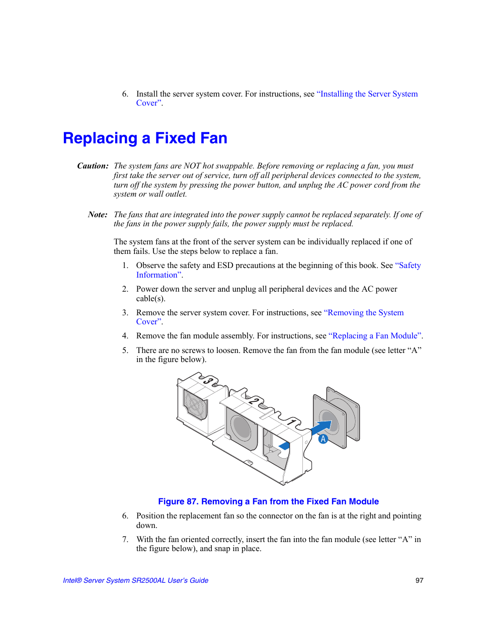 Replacing a fixed fan | Intel SERVER SYSTEM SR2500AL User Manual | Page 119 / 210