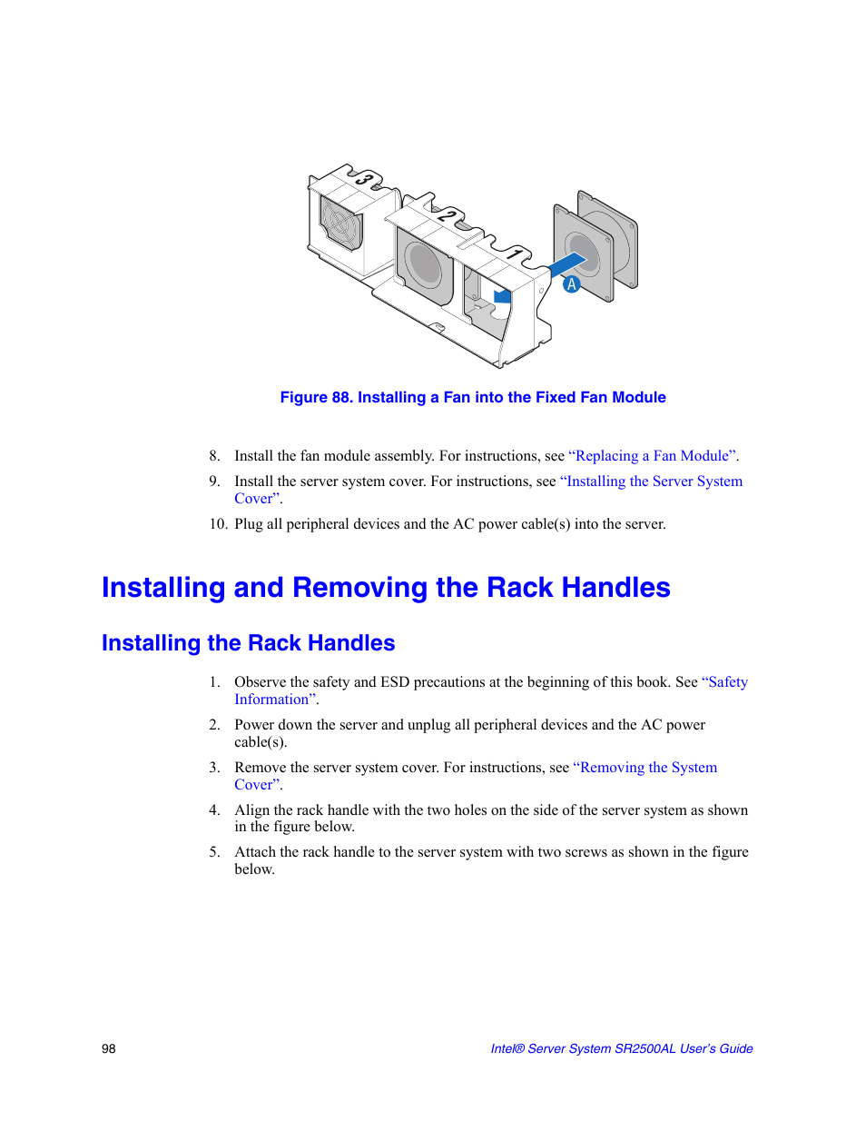 Installing and removing the rack handles, Installing the rack handles | Intel SERVER SYSTEM SR2500AL User Manual | Page 120 / 210