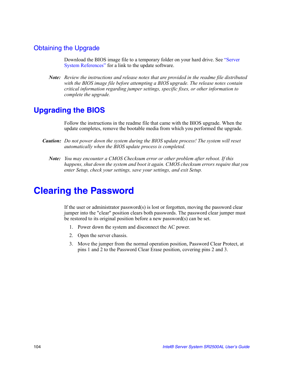 Obtaining the upgrade, Upgrading the bios, Clearing the password | Power down the system and disconnect the ac power, Open the server chassis | Intel SERVER SYSTEM SR2500AL User Manual | Page 126 / 210