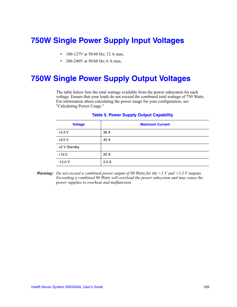 750w single power supply input voltages, 750w single power supply output voltages, Table 5. power supply output capability | Intel SERVER SYSTEM SR2500AL User Manual | Page 131 / 210