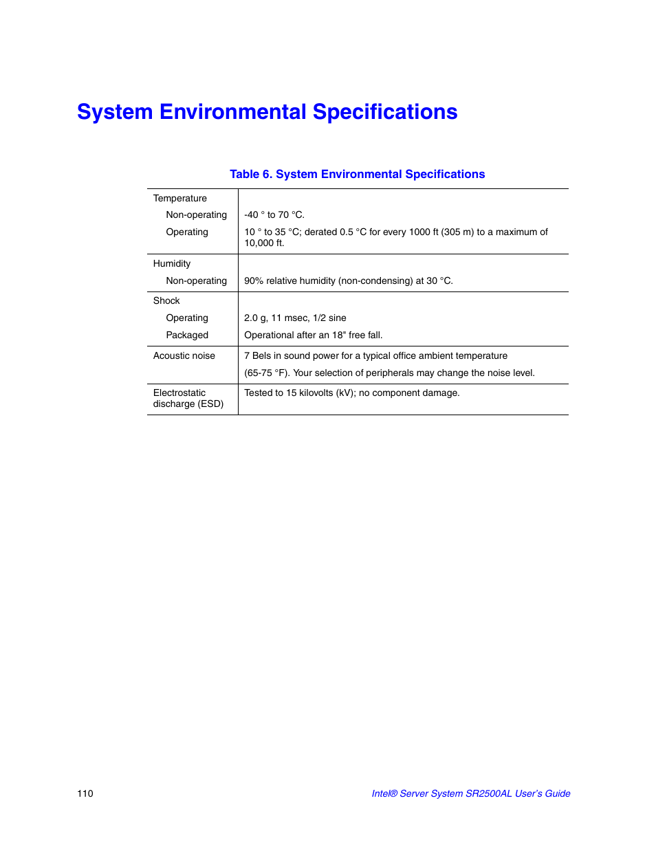 System environmental specifications, Table 6. system environmental specifications | Intel SERVER SYSTEM SR2500AL User Manual | Page 132 / 210