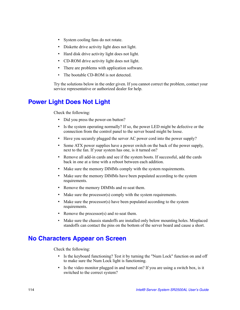 Power light does not light, No characters appear on screen, Not light, see | Power light does not, Light | Intel SERVER SYSTEM SR2500AL User Manual | Page 136 / 210