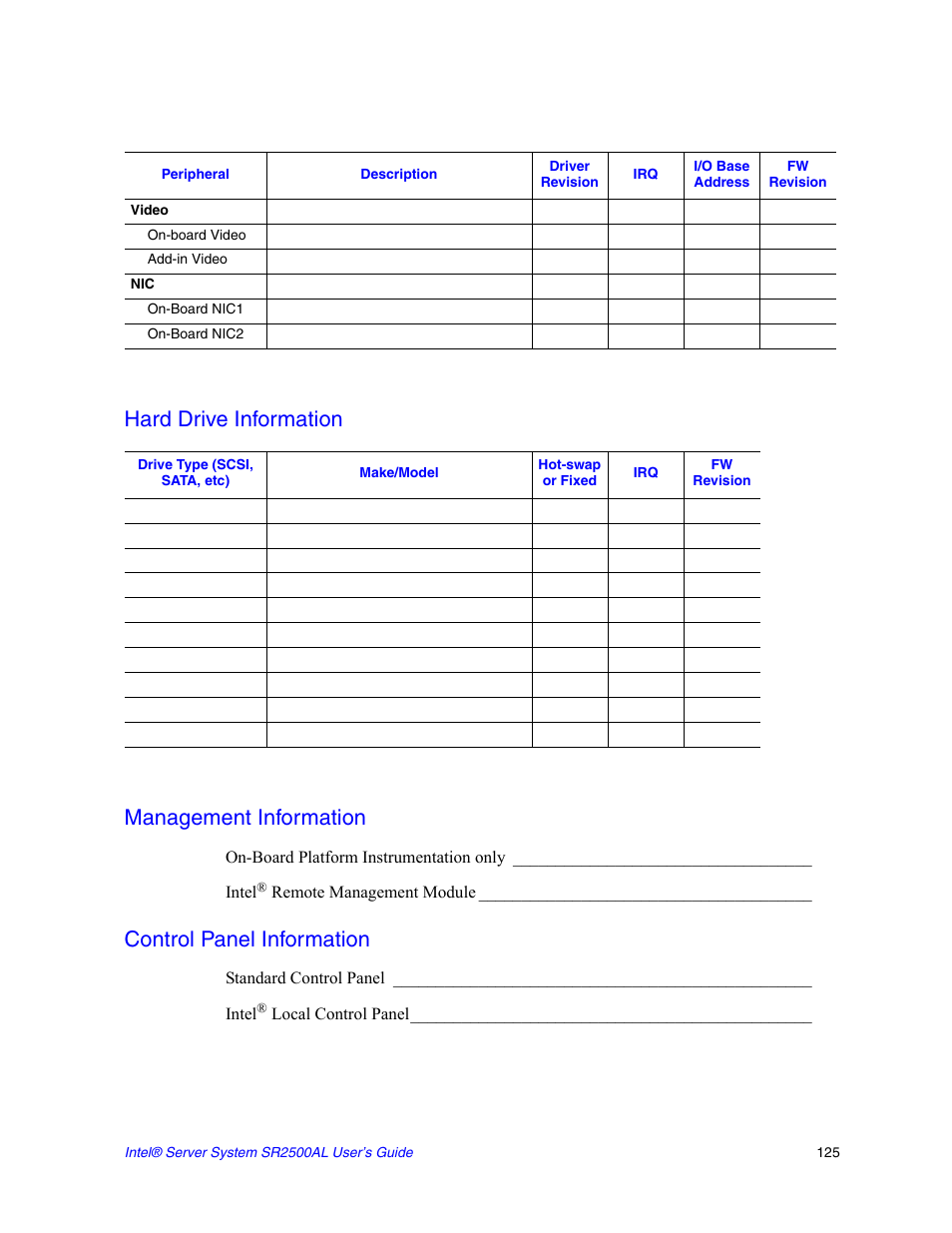 Hard drive information, Management information, Control panel information | Hard drive information management information | Intel SERVER SYSTEM SR2500AL User Manual | Page 147 / 210