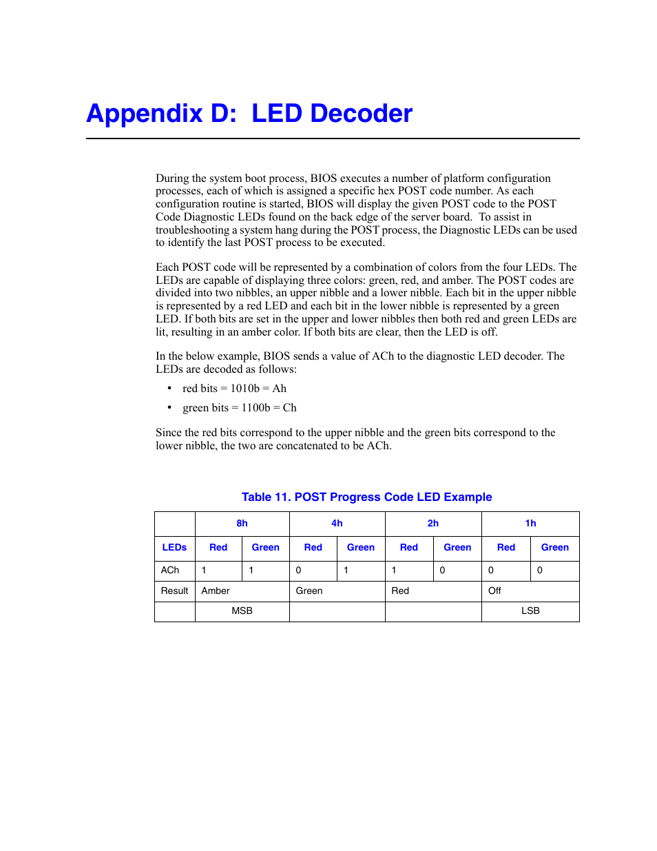 Appendix d: led decoder, Table 11. post progress code led example | Intel SERVER SYSTEM SR2500AL User Manual | Page 149 / 210