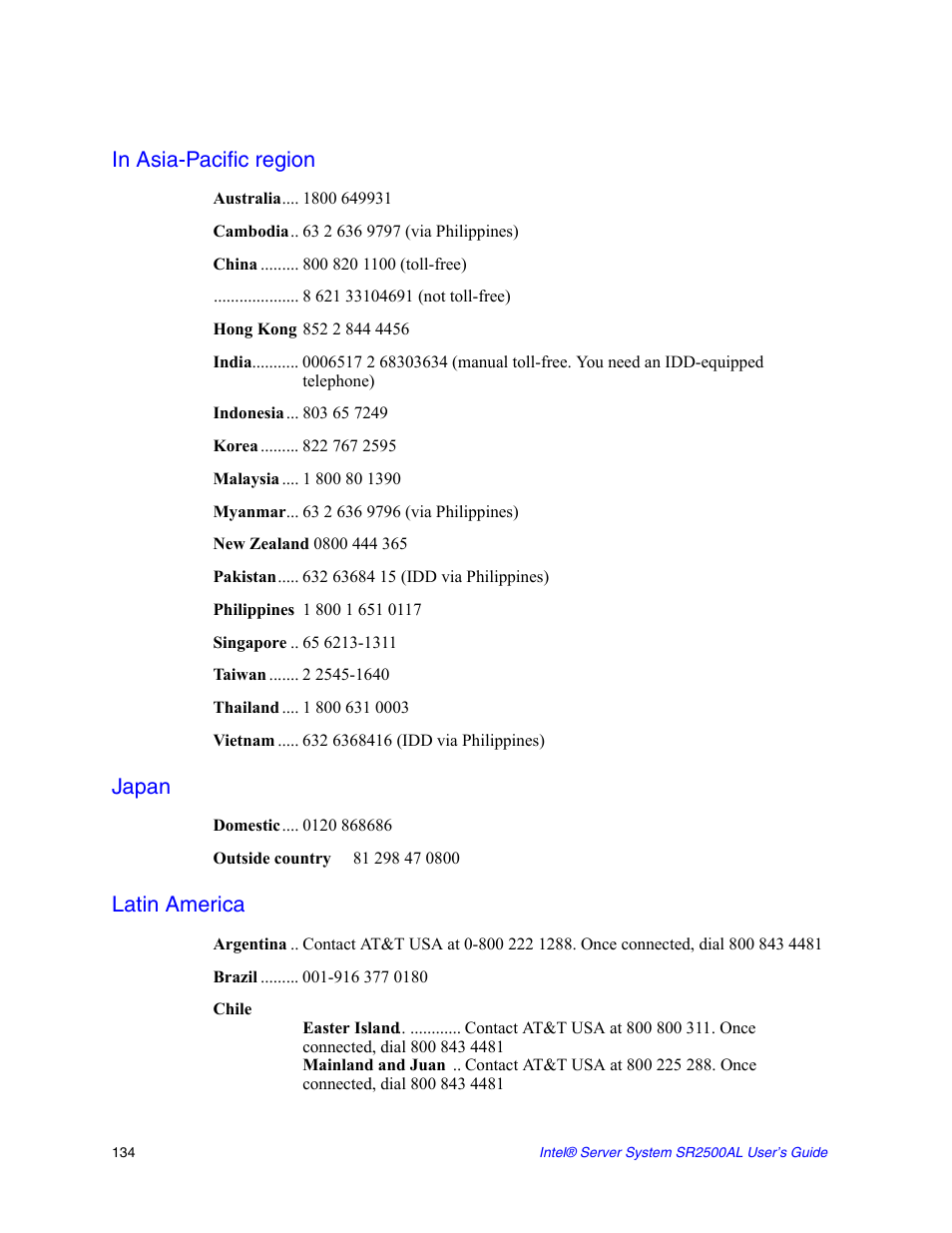 In asia-pacific region, Japan, Latin america | Intel SERVER SYSTEM SR2500AL User Manual | Page 156 / 210