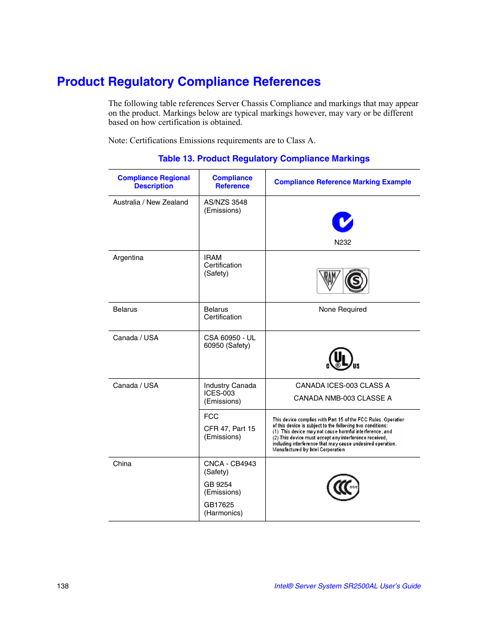 Product regulatory compliance references, Table 13. product regulatory compliance markings | Intel SERVER SYSTEM SR2500AL User Manual | Page 160 / 210
