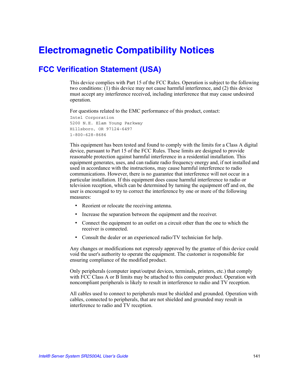 Electromagnetic compatibility notices, Fcc verification statement (usa) | Intel SERVER SYSTEM SR2500AL User Manual | Page 163 / 210