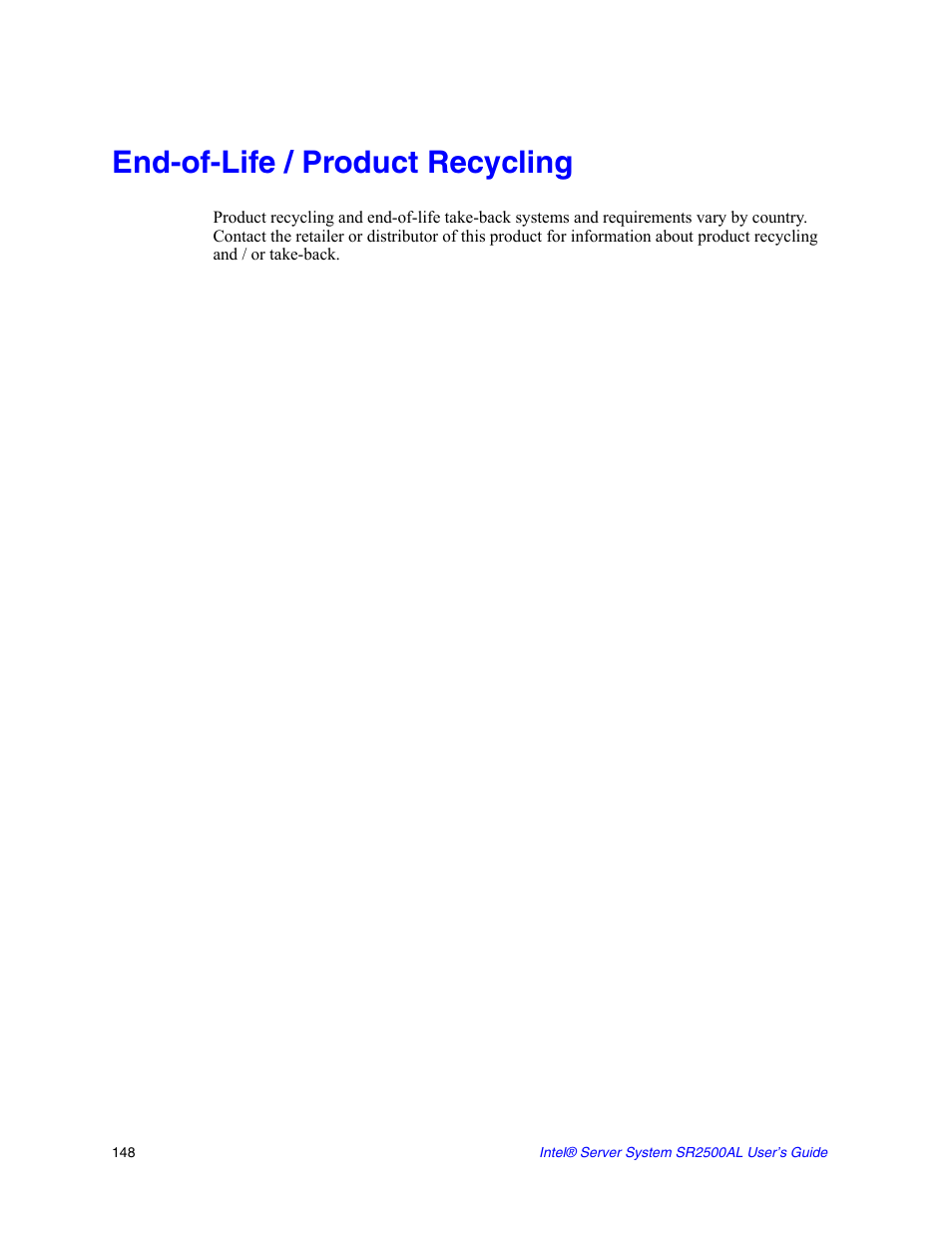 End-of-life / product recycling | Intel SERVER SYSTEM SR2500AL User Manual | Page 170 / 210
