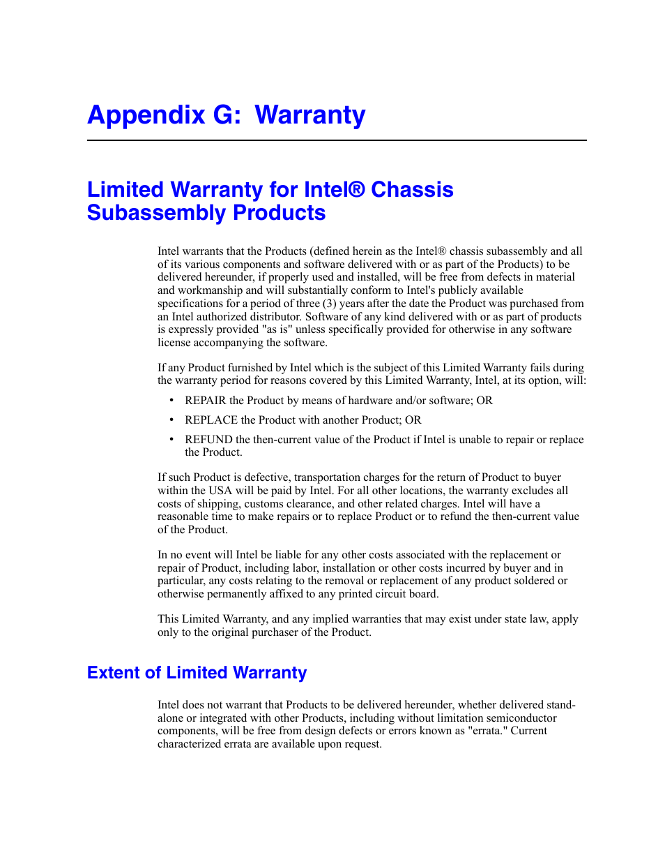 Appendix g: warranty, Extent of limited warranty | Intel SERVER SYSTEM SR2500AL User Manual | Page 171 / 210