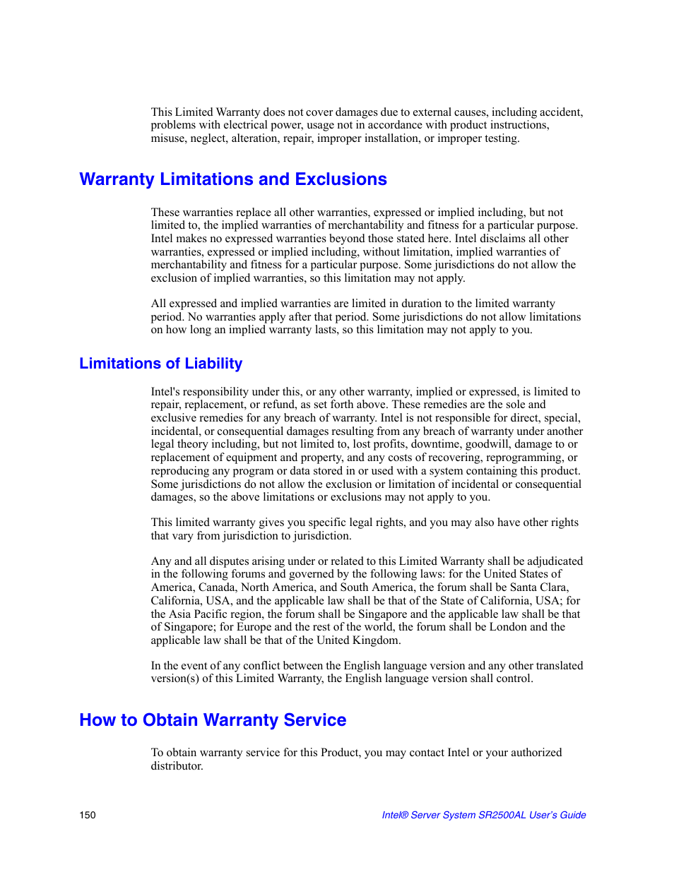 Warranty limitations and exclusions, How to obtain warranty service, Limitations of liability | Intel SERVER SYSTEM SR2500AL User Manual | Page 172 / 210