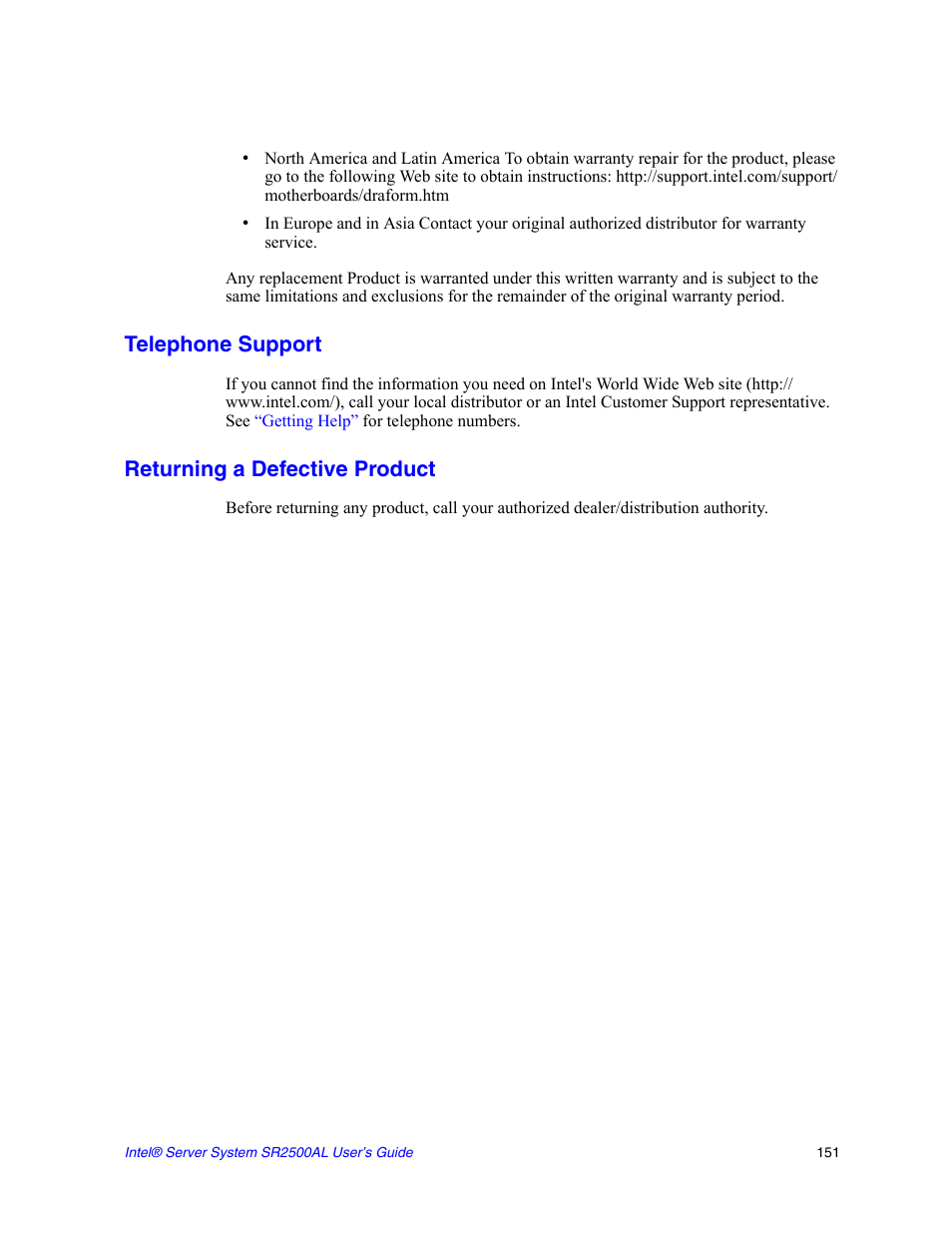 Telephone support, Returning a defective product | Intel SERVER SYSTEM SR2500AL User Manual | Page 173 / 210