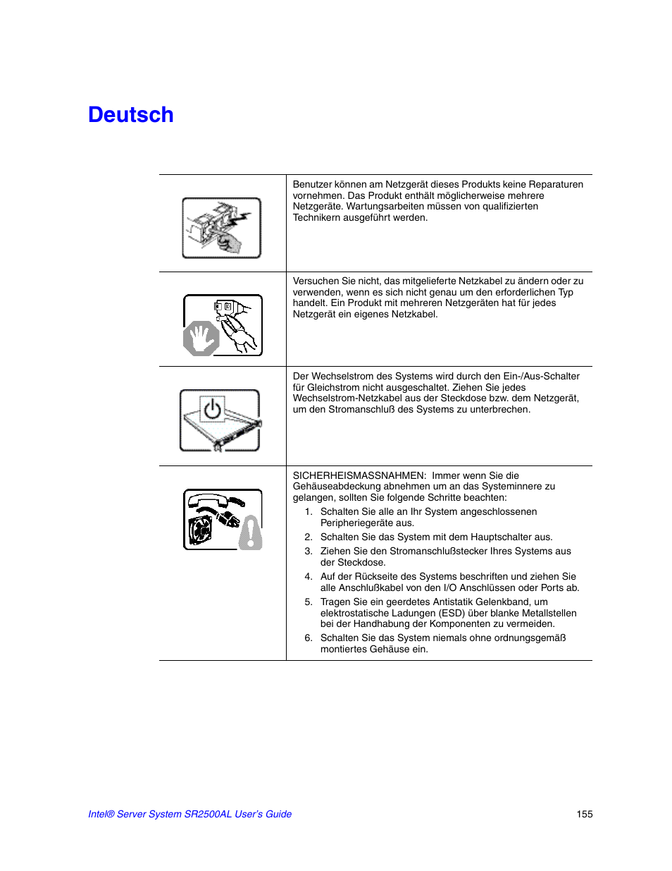 Deutsch, Schalten sie das system mit dem hauptschalter aus | Intel SERVER SYSTEM SR2500AL User Manual | Page 177 / 210