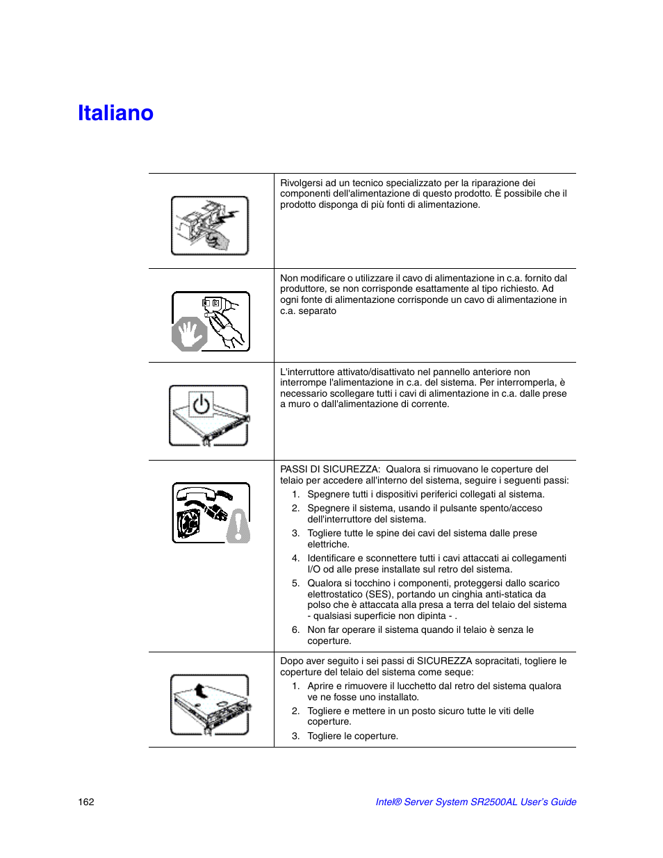 Italiano, Togliere le coperture | Intel SERVER SYSTEM SR2500AL User Manual | Page 184 / 210