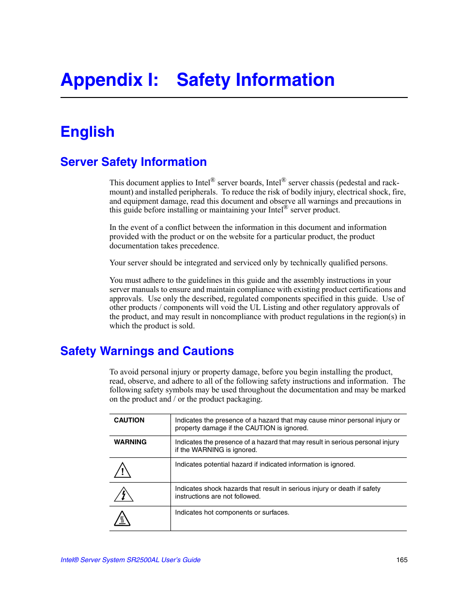 Appendix i: safety information, English, Server safety information | Safety warnings and cautions | Intel SERVER SYSTEM SR2500AL User Manual | Page 187 / 210