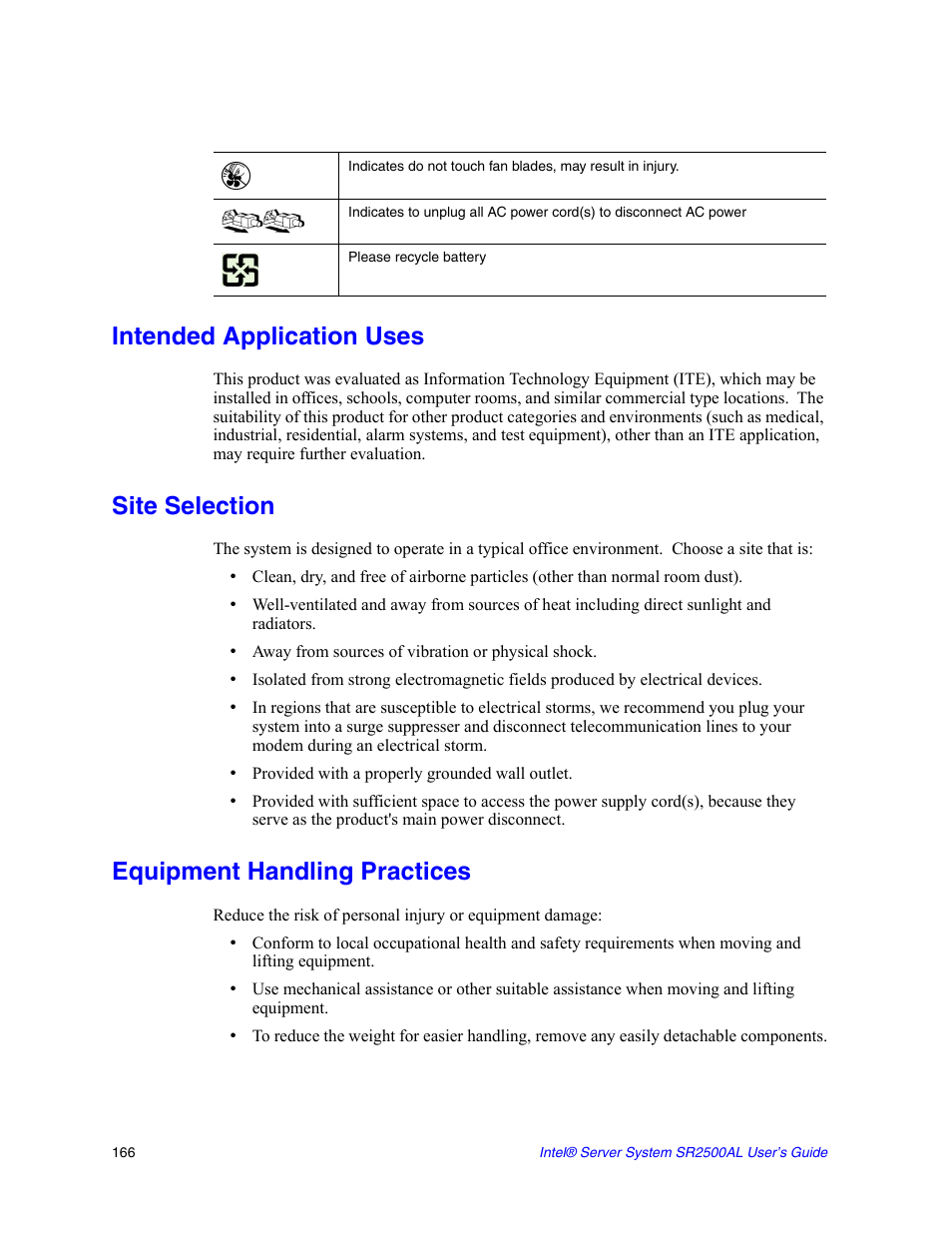 Intended application uses, Site selection, Equipment handling practices | Intel SERVER SYSTEM SR2500AL User Manual | Page 188 / 210