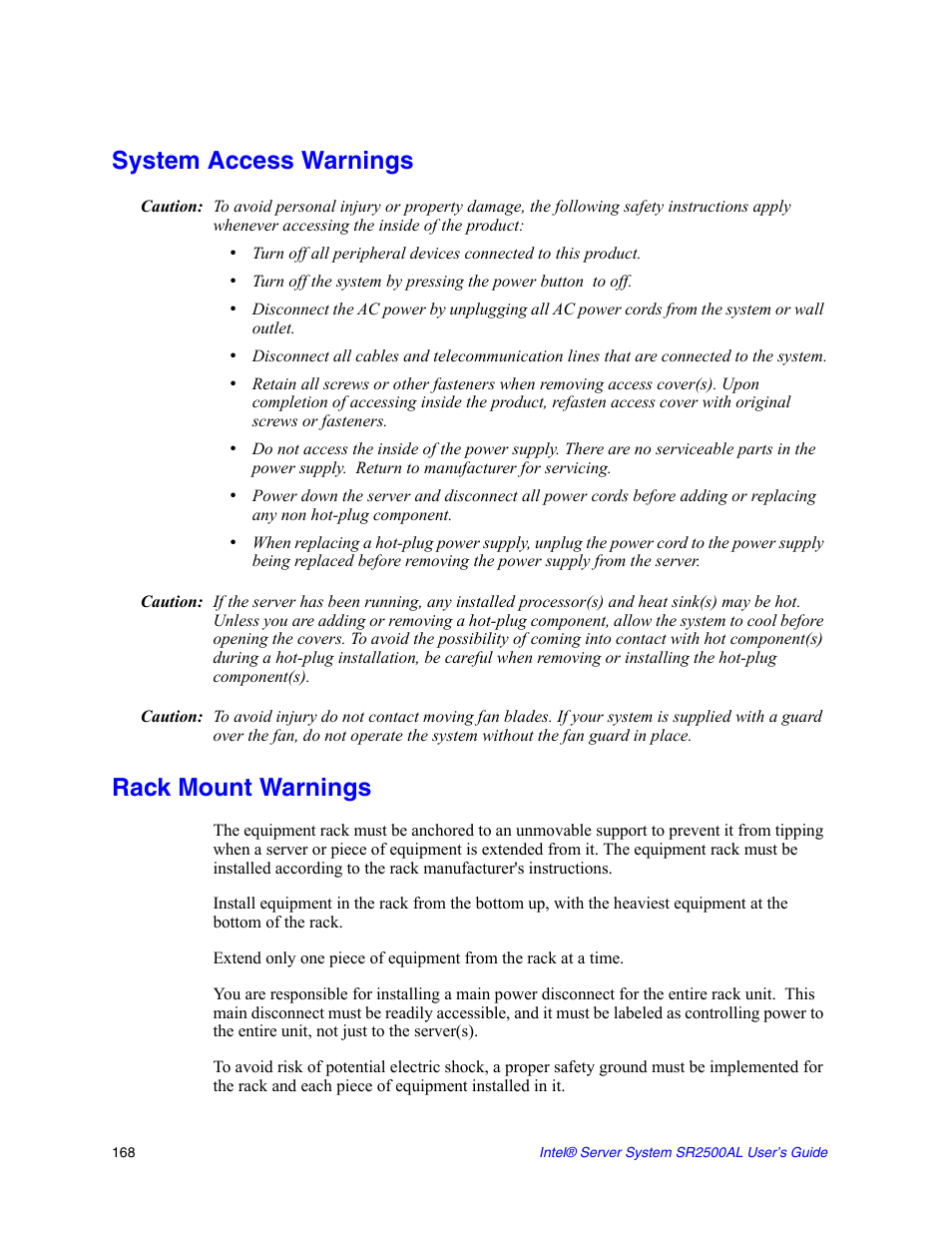 System access warnings, Rack mount warnings | Intel SERVER SYSTEM SR2500AL User Manual | Page 190 / 210