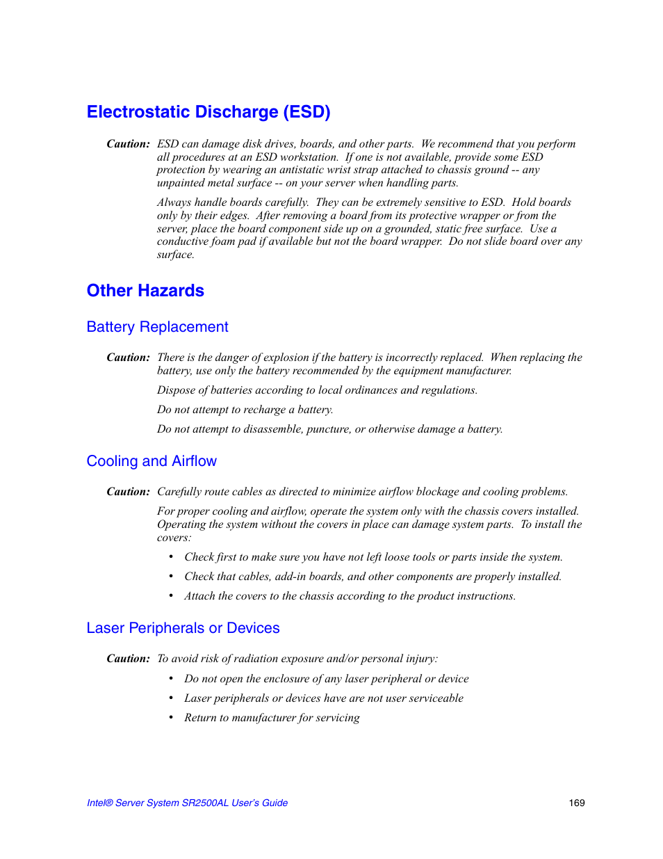 Electrostatic discharge (esd), Other hazards, Battery replacement | Do not attempt to recharge a battery, Cooling and airflow, Laser peripherals or devices | Intel SERVER SYSTEM SR2500AL User Manual | Page 191 / 210