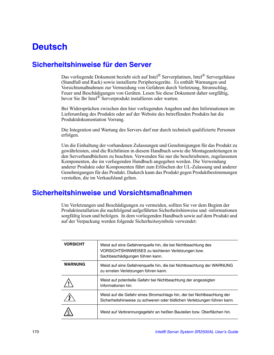 Deutsch, Sicherheitshinweise für den server, Sicherheitshinweise und vorsichtsmaßnahmen | Intel SERVER SYSTEM SR2500AL User Manual | Page 192 / 210