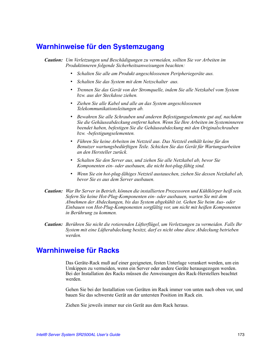 Warnhinweise für den systemzugang, Warnhinweise für racks | Intel SERVER SYSTEM SR2500AL User Manual | Page 195 / 210