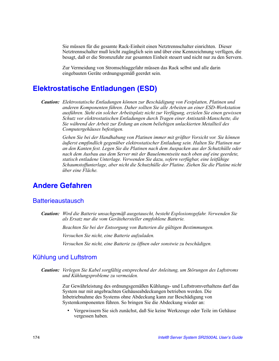Elektrostatische entladungen (esd), Andere gefahren, Batterieaustausch | Versuchen sie nicht, eine batterie aufzuladen, Kühlung und luftstrom | Intel SERVER SYSTEM SR2500AL User Manual | Page 196 / 210