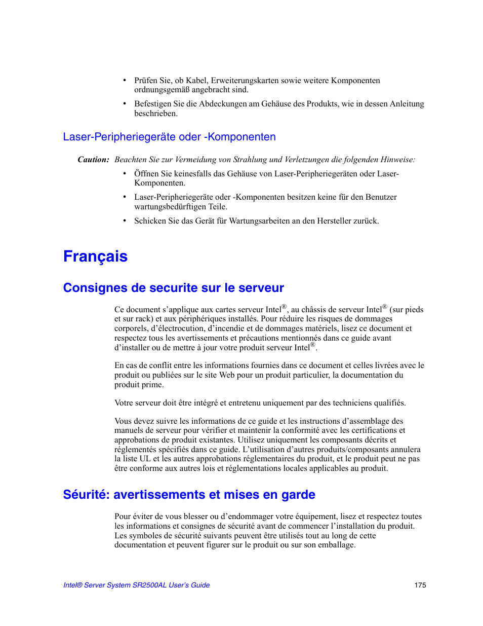 Laser-peripheriegeräte oder -komponenten, Français, Consignes de securite sur le serveur | Séurité: avertissements et mises en garde | Intel SERVER SYSTEM SR2500AL User Manual | Page 197 / 210