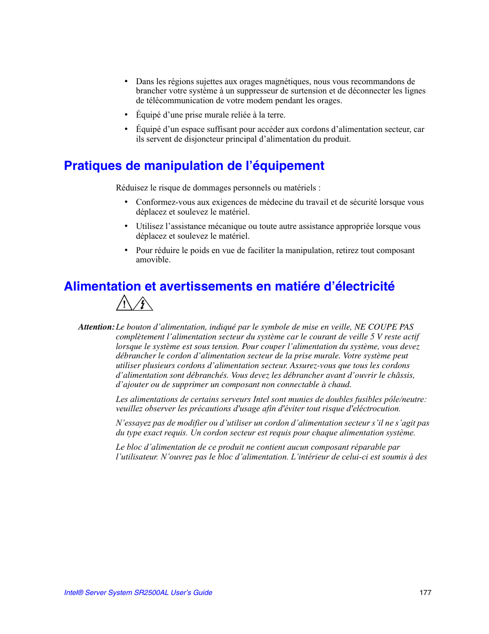 Pratiques de manipulation de l’équipement | Intel SERVER SYSTEM SR2500AL User Manual | Page 199 / 210