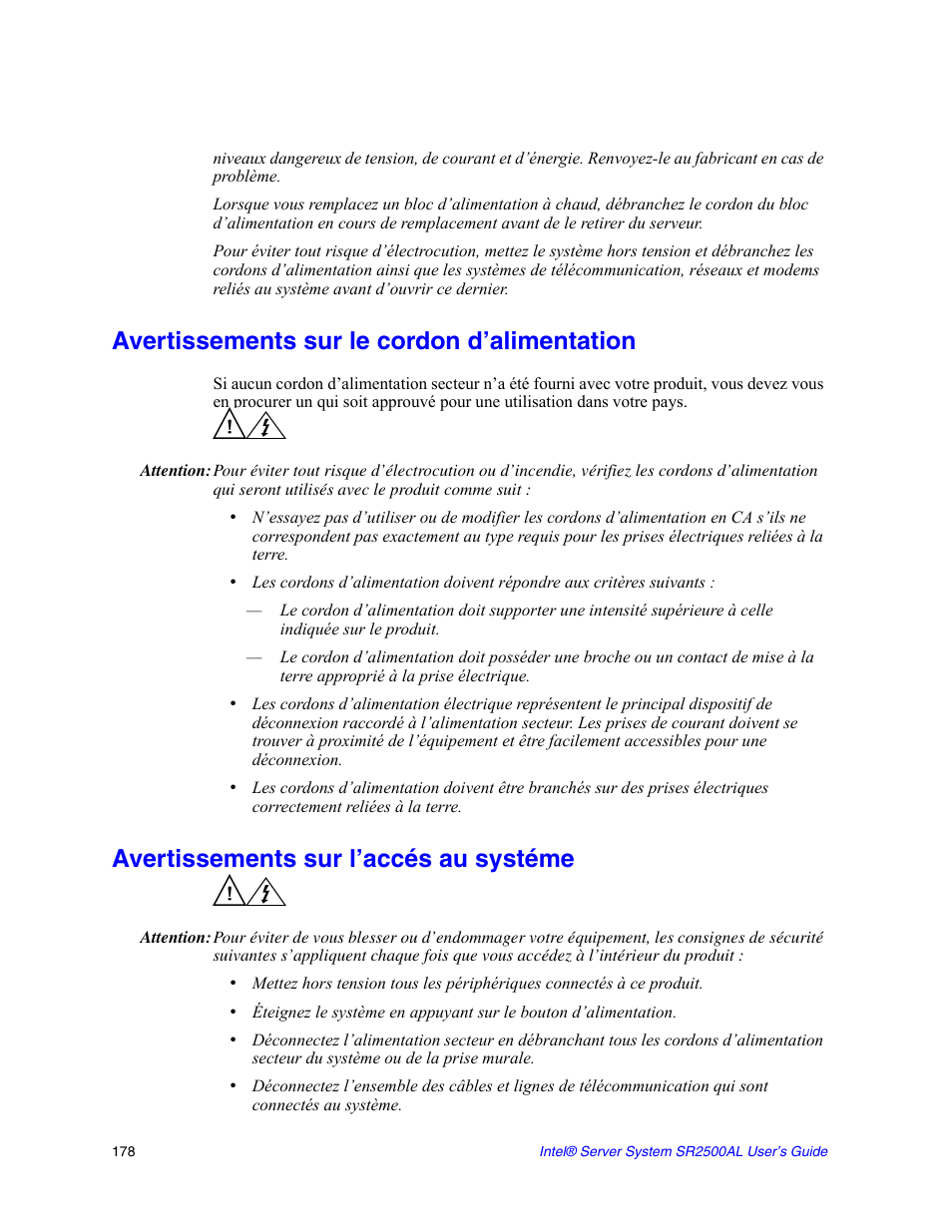 Avertissements sur le cordon d’alimentation, Avertissements sur l’accés au systéme | Intel SERVER SYSTEM SR2500AL User Manual | Page 200 / 210