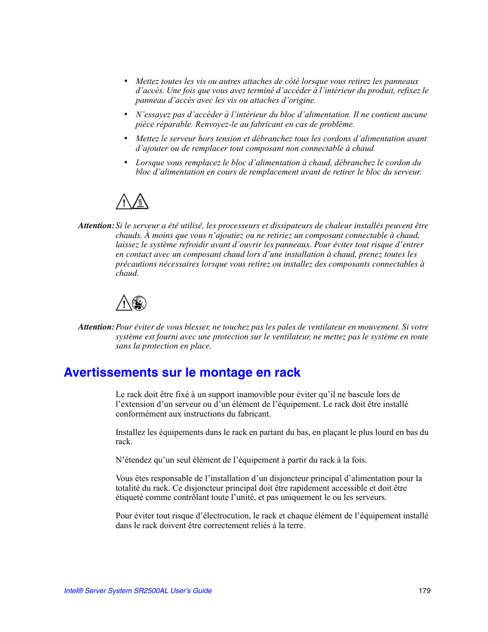 Avertissements sur le montage en rack | Intel SERVER SYSTEM SR2500AL User Manual | Page 201 / 210