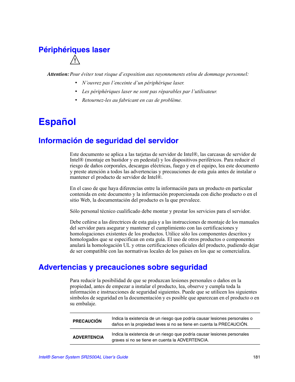 Périphériques laser, Español, Información de seguridad del servidor | Advertencias y precauciones sobre seguridad | Intel SERVER SYSTEM SR2500AL User Manual | Page 203 / 210