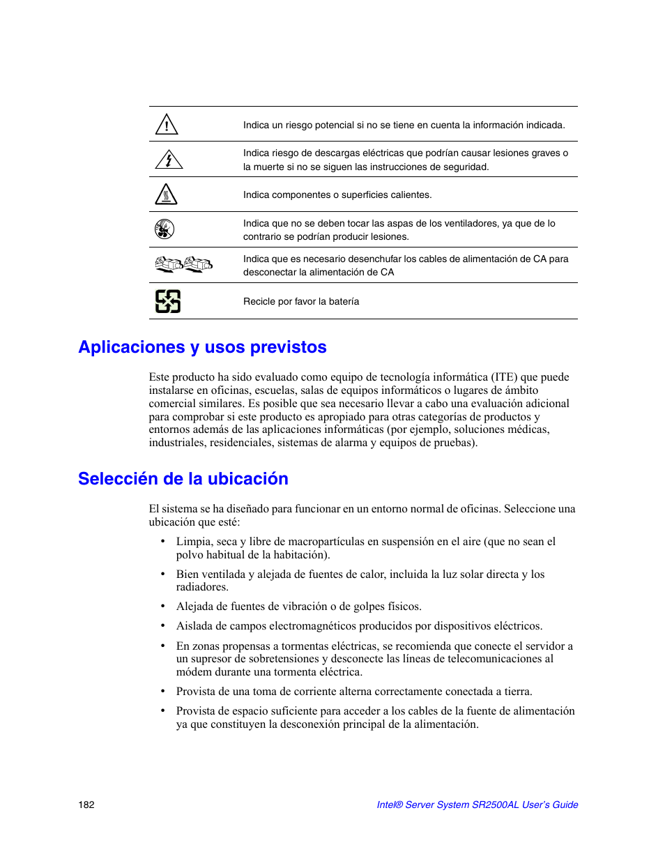 Aplicaciones y usos previstos, Seleccién de la ubicación | Intel SERVER SYSTEM SR2500AL User Manual | Page 204 / 210