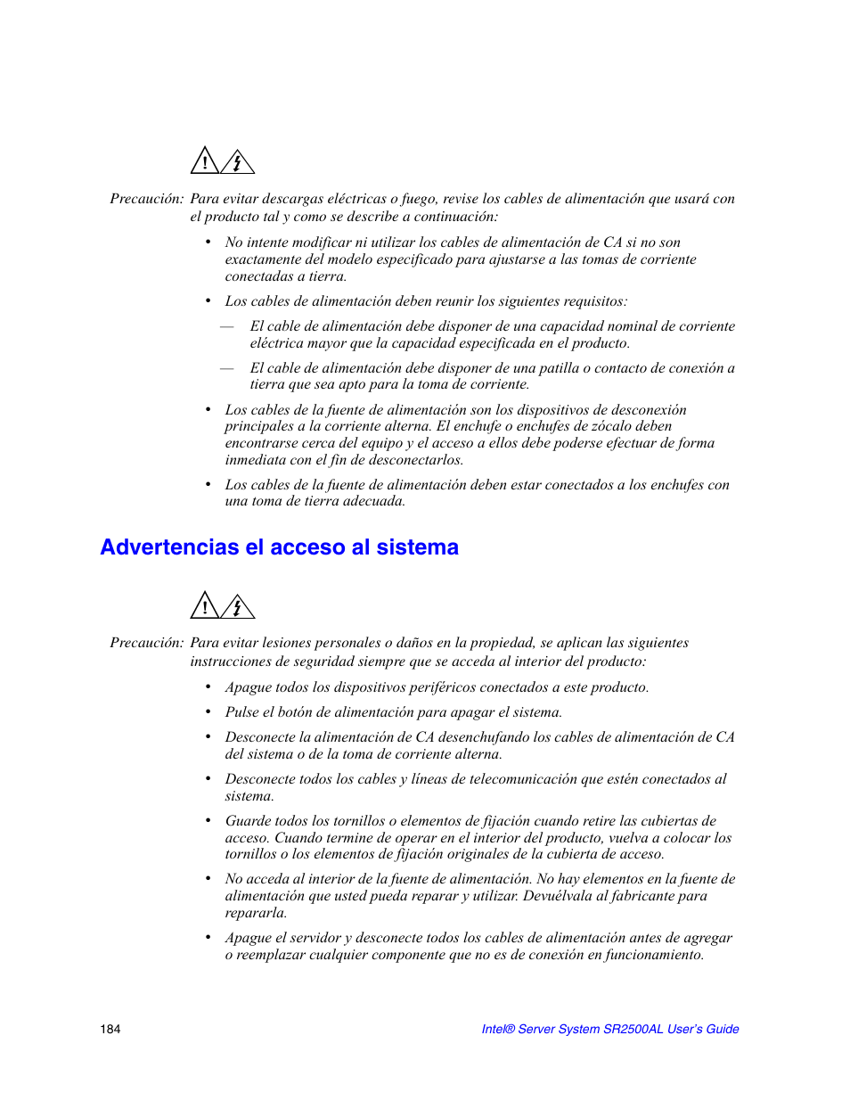 Advertencias el acceso al sistema | Intel SERVER SYSTEM SR2500AL User Manual | Page 206 / 210