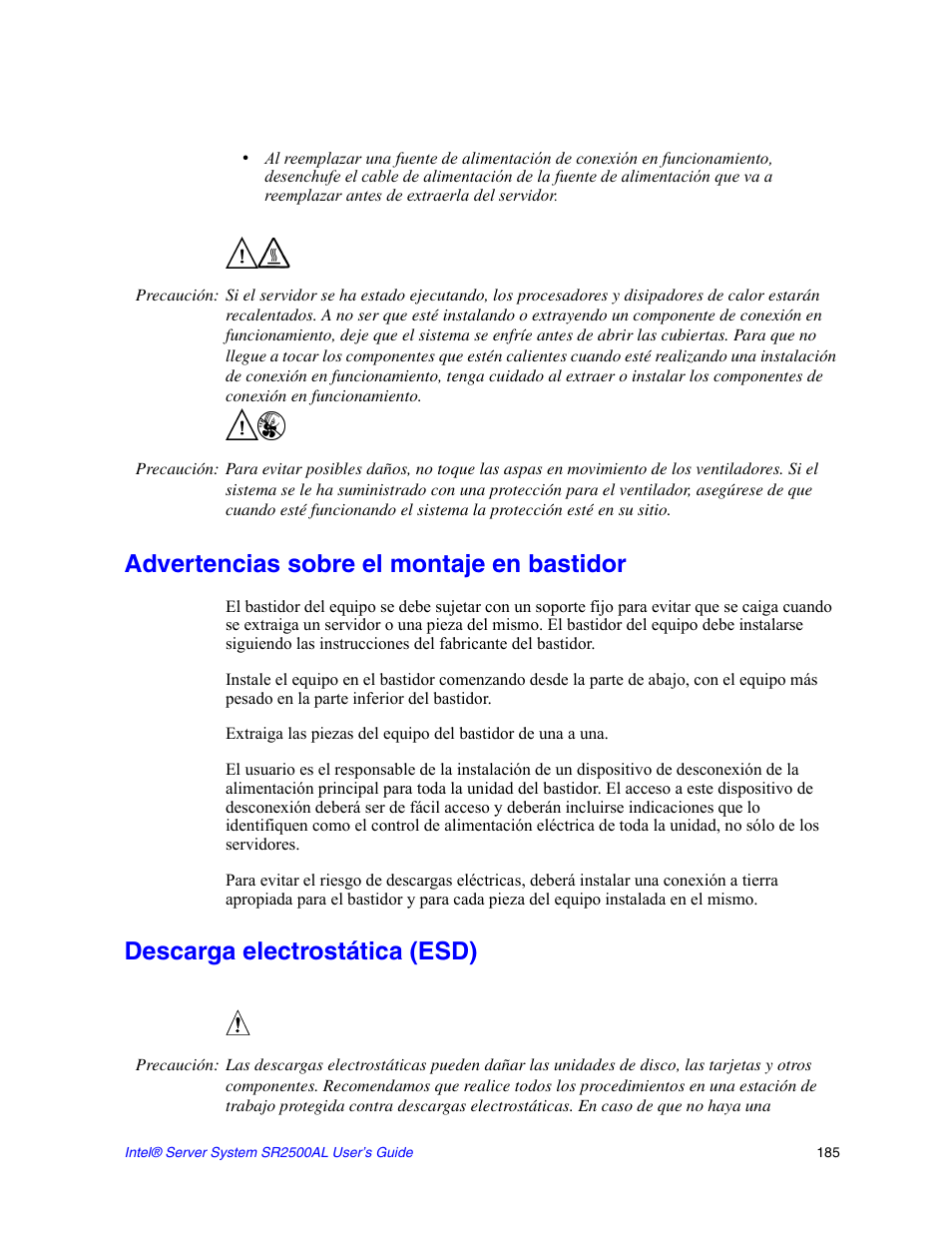 Advertencias sobre el montaje en bastidor, Descarga electrostática (esd) | Intel SERVER SYSTEM SR2500AL User Manual | Page 207 / 210