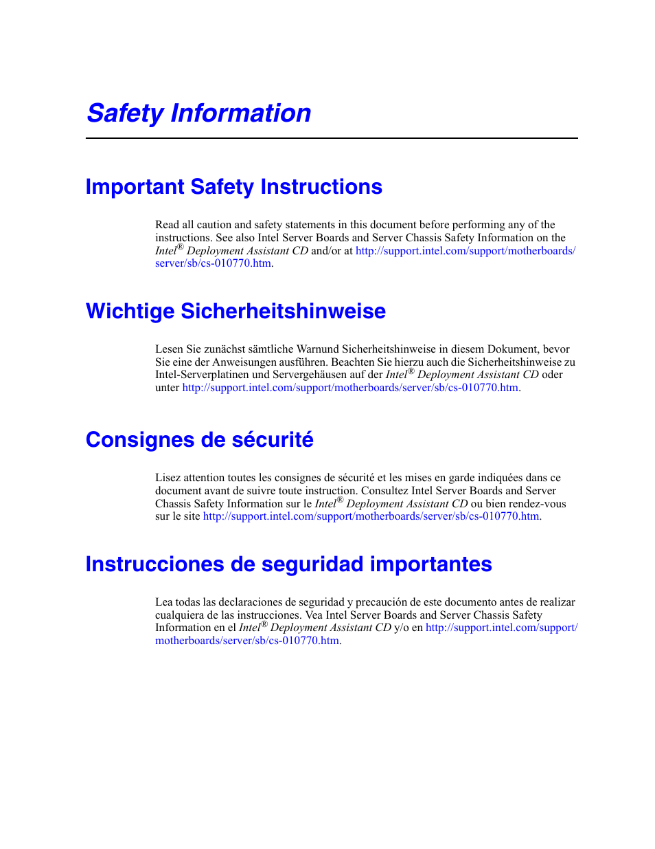 Safety information, Important safety instructions, Wichtige sicherheitshinweise | Consignes de sécurité, Instrucciones de seguridad importantes | Intel SERVER SYSTEM SR2500AL User Manual | Page 3 / 210