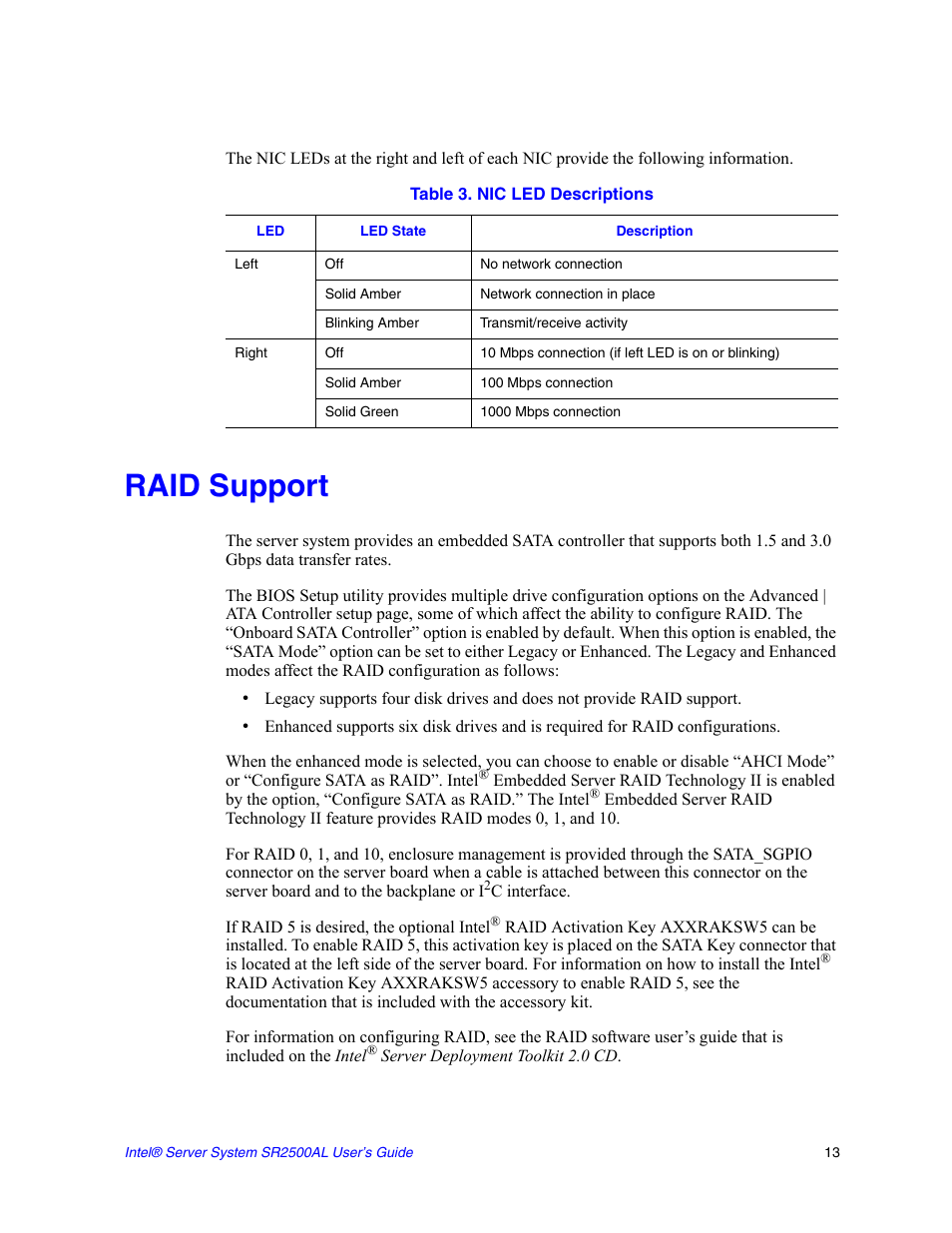 Raid support, Table 3. nic led descriptions | Intel SERVER SYSTEM SR2500AL User Manual | Page 35 / 210