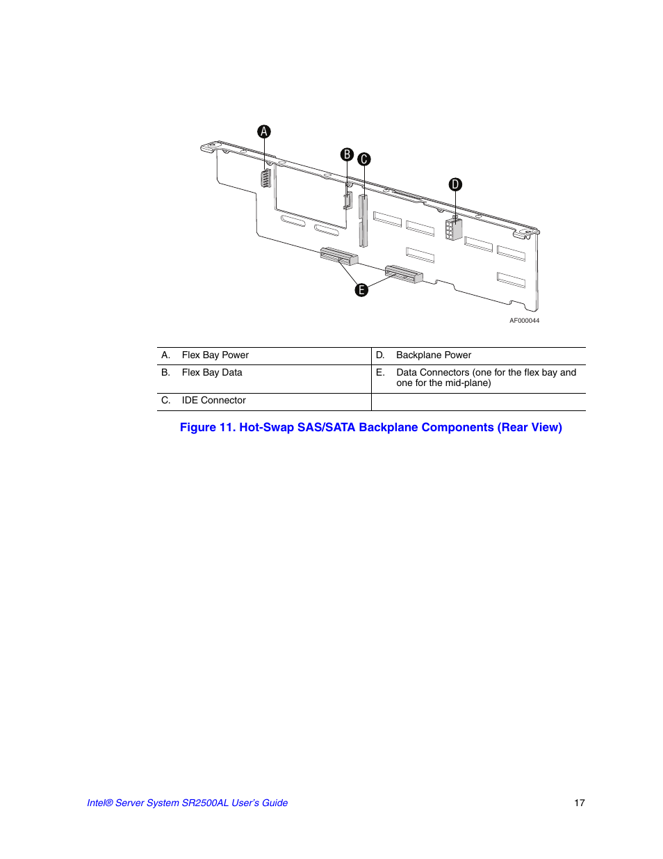 A. flex bay power, B. flex bay data, C. ide connector | D. backplane power | Intel SERVER SYSTEM SR2500AL User Manual | Page 39 / 210