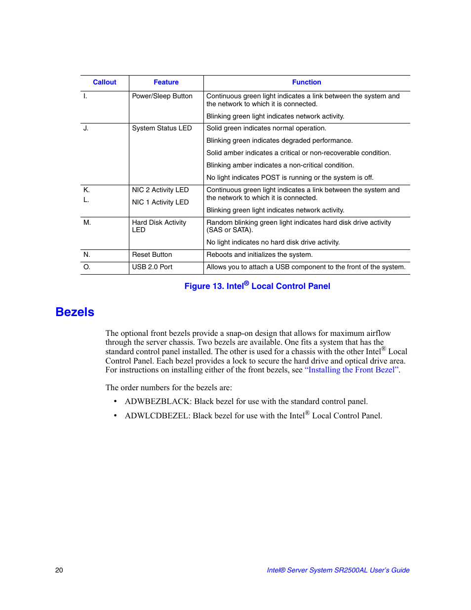 Figure 13. intel® local control panel, Bezels, Figure 13. intel | Intel SERVER SYSTEM SR2500AL User Manual | Page 42 / 210