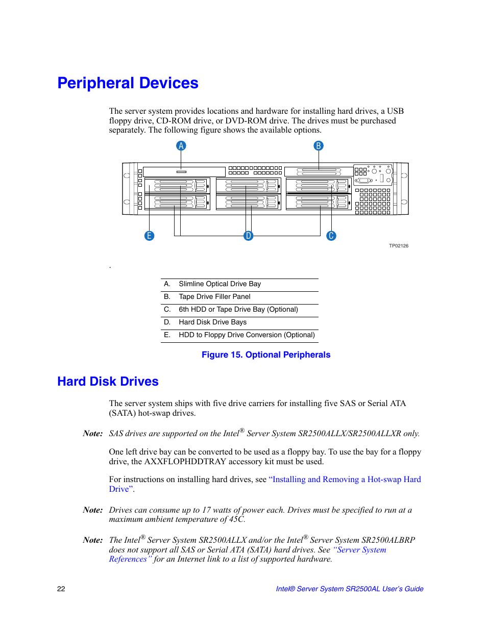 Peripheral devices, A. slimline optical drive bay, B. tape drive filler panel | C. 6th hdd or tape drive bay (optional), D. hard disk drive bays, E. hdd to floppy drive conversion (optional), Figure 15. optional peripherals, Hard disk drives | Intel SERVER SYSTEM SR2500AL User Manual | Page 44 / 210