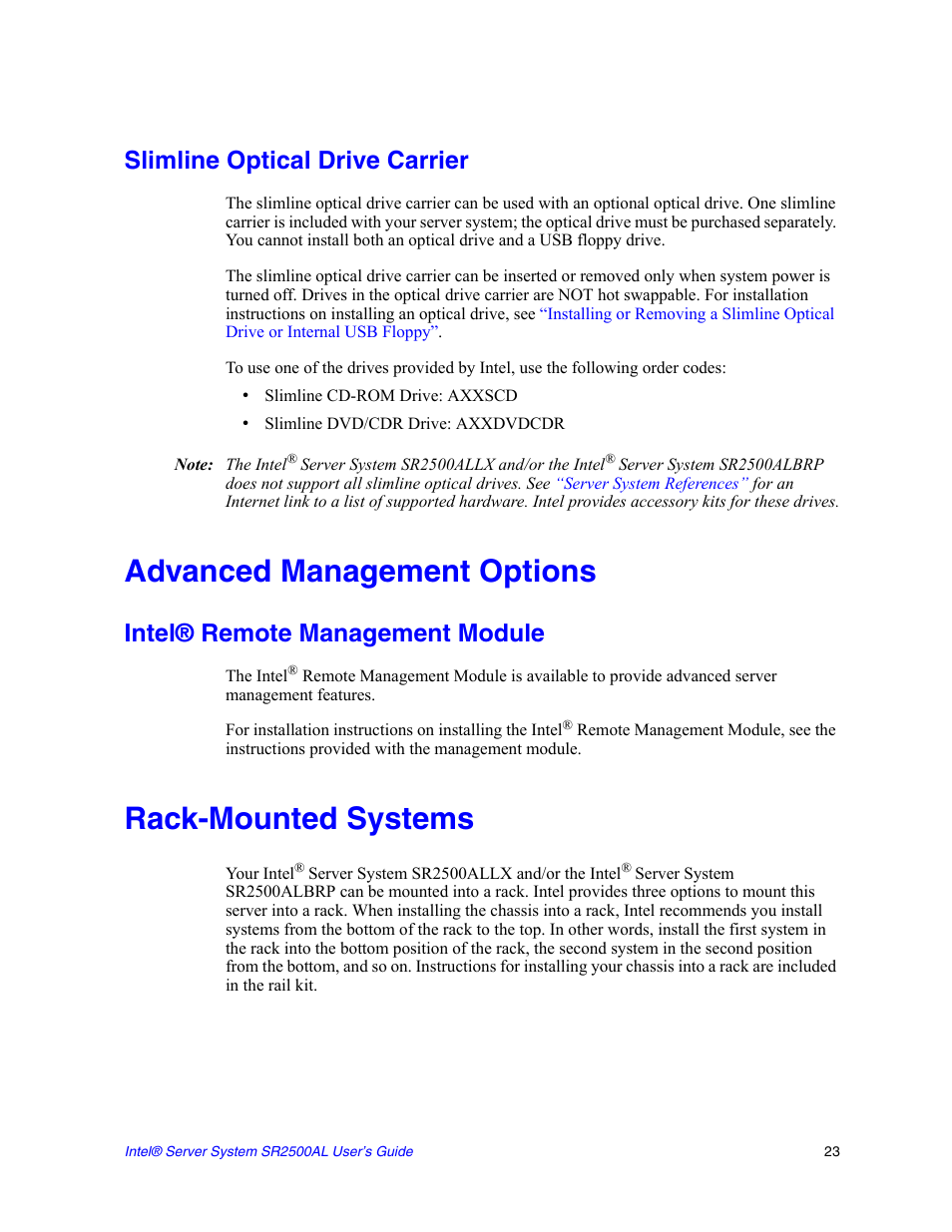 Slimline optical drive carrier, Advanced management options, Intel® remote management module | Rack-mounted systems | Intel SERVER SYSTEM SR2500AL User Manual | Page 45 / 210