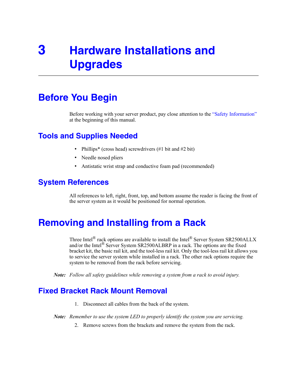 3 hardware installations and upgrades, Before you begin, Tools and supplies needed | System references, Removing and installing from a rack, Fixed bracket rack mount removal, Disconnect all cables from the back of the system, Hardware installations and upgrades | Intel SERVER SYSTEM SR2500AL User Manual | Page 47 / 210