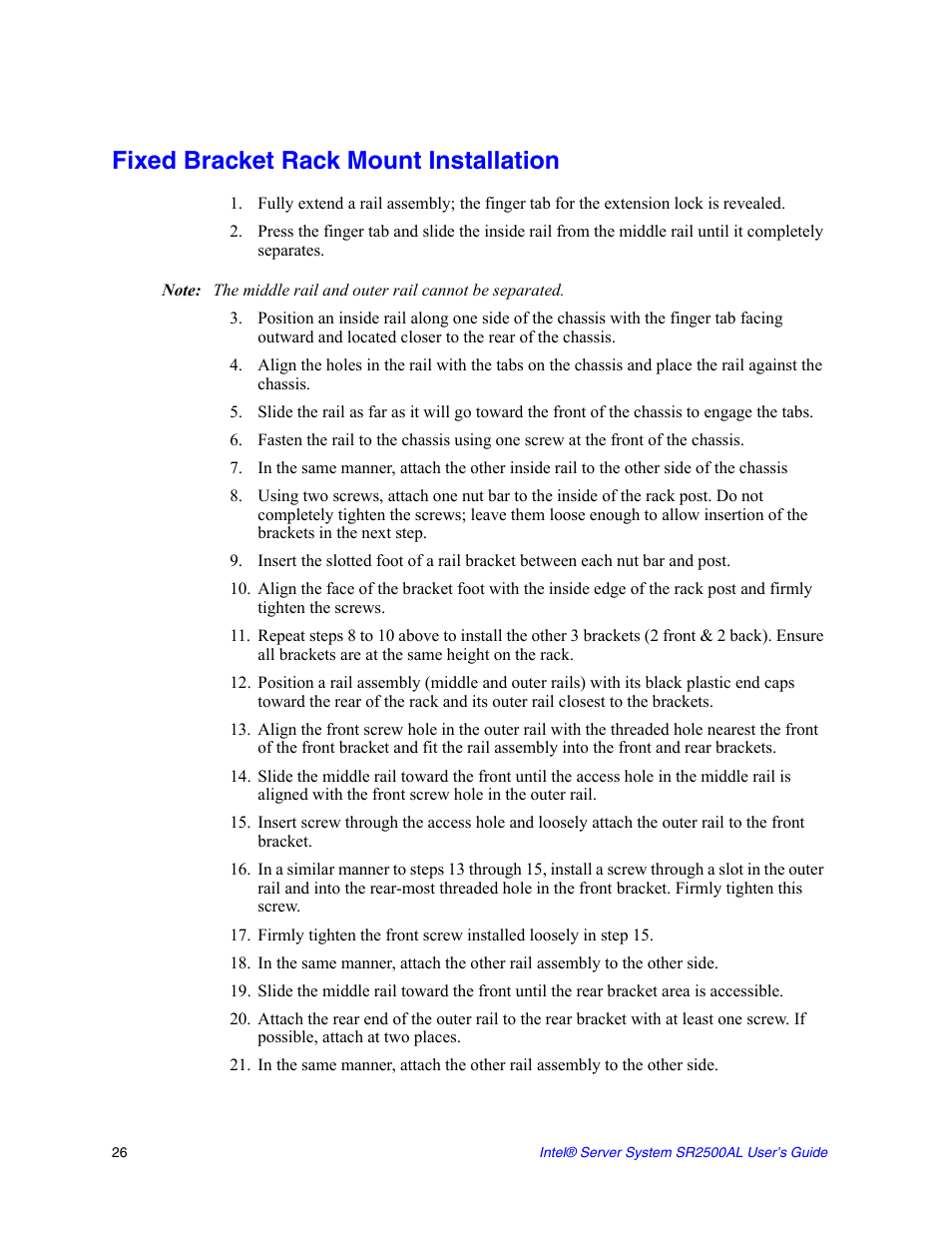 Fixed bracket rack mount installation | Intel SERVER SYSTEM SR2500AL User Manual | Page 48 / 210