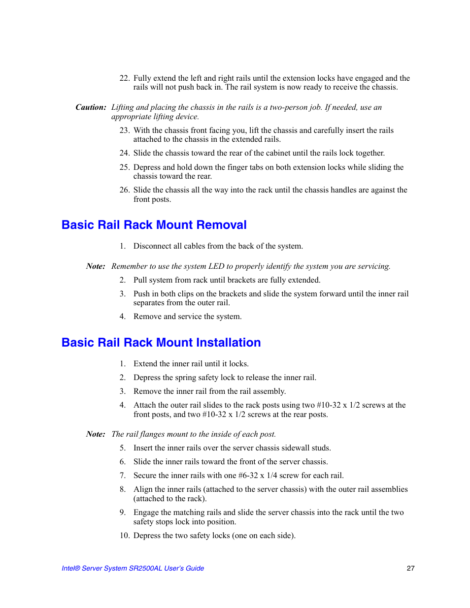 Basic rail rack mount removal, Disconnect all cables from the back of the system, Remove and service the system | Basic rail rack mount installation, Extend the inner rail until it locks, Remove the inner rail from the rail assembly, Depress the two safety locks (one on each side) | Intel SERVER SYSTEM SR2500AL User Manual | Page 49 / 210