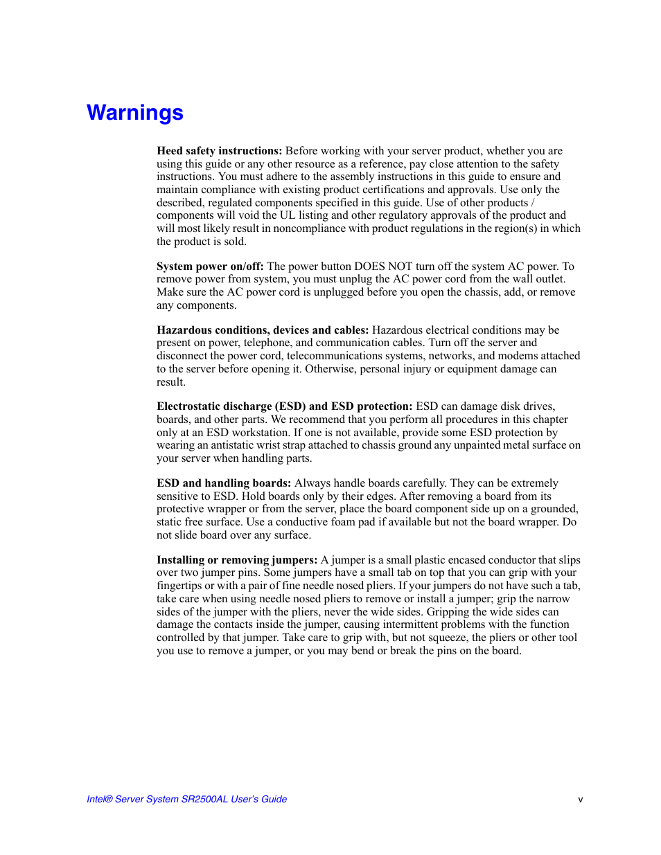 Warnings | Intel SERVER SYSTEM SR2500AL User Manual | Page 5 / 210