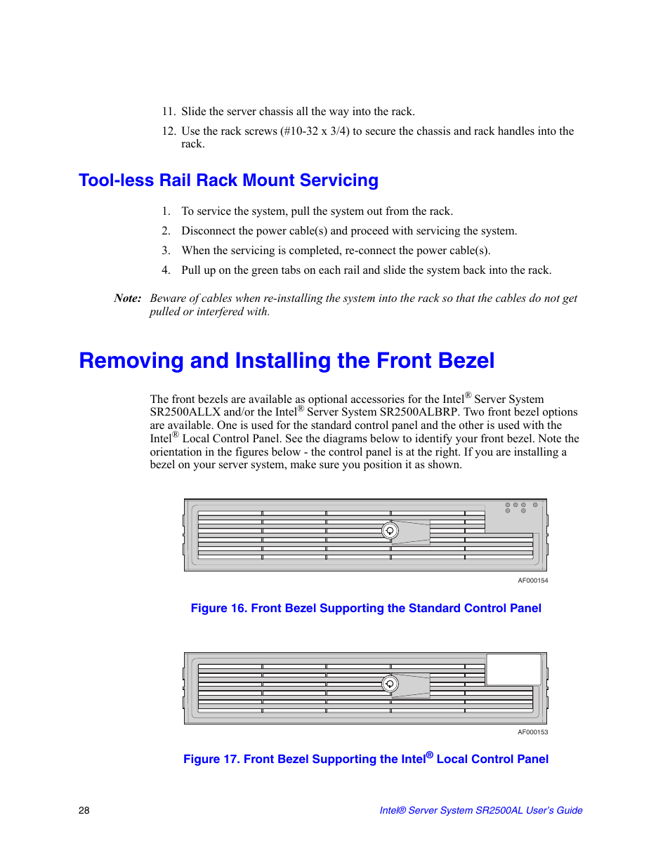 Slide the server chassis all the way into the rack, Tool-less rail rack mount servicing, Removing and installing the front bezel | Intel SERVER SYSTEM SR2500AL User Manual | Page 50 / 210