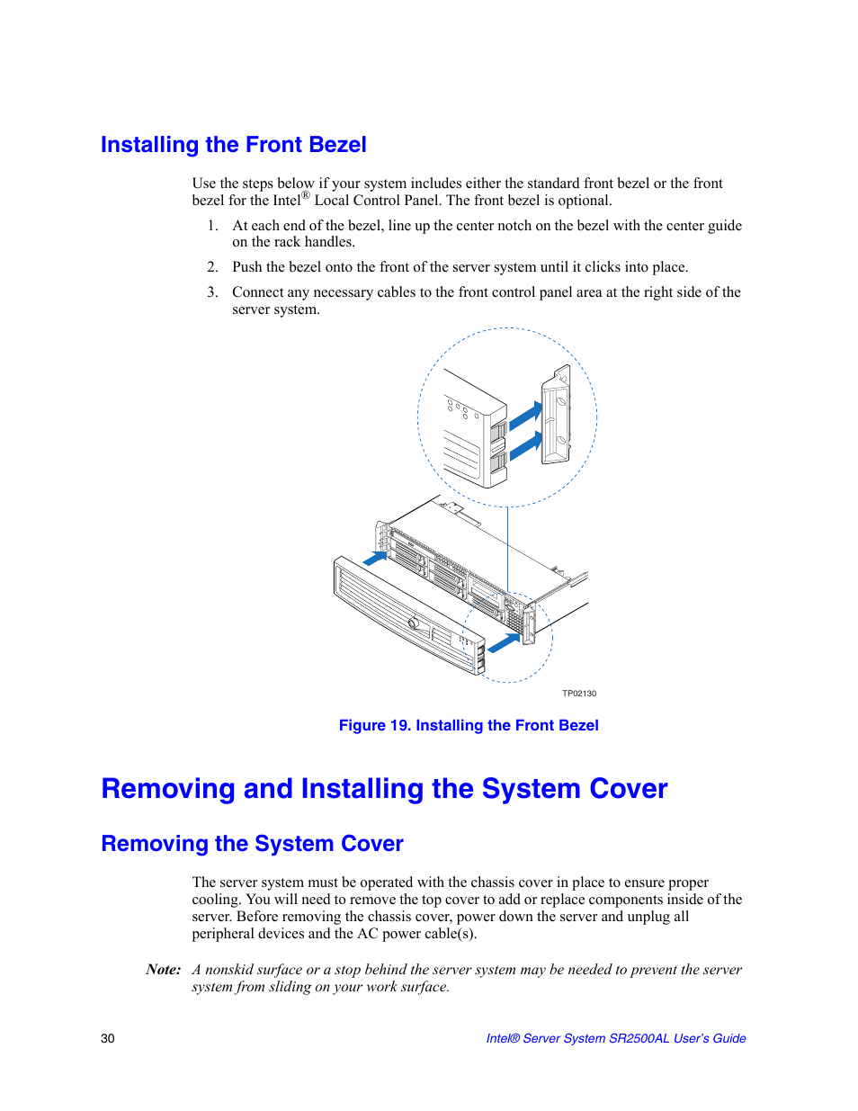 Installing the front bezel, Figure 19. installing the front bezel, Removing and installing the system cover | Removing the system cover | Intel SERVER SYSTEM SR2500AL User Manual | Page 52 / 210