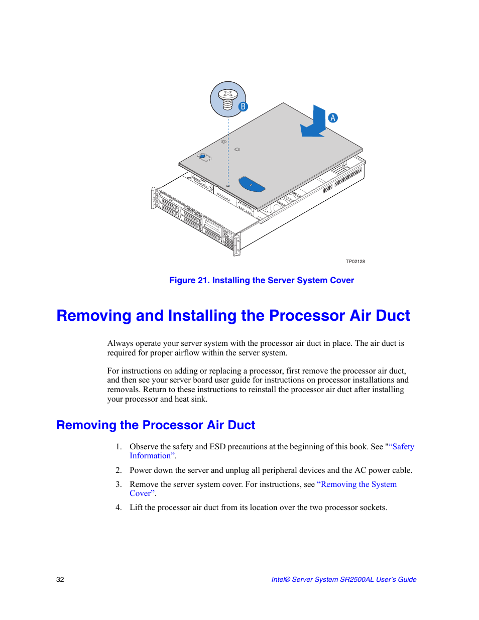 Figure 21. installing the server system cover, Removing and installing the processor air duct, Removing the processor air duct | Intel SERVER SYSTEM SR2500AL User Manual | Page 54 / 210